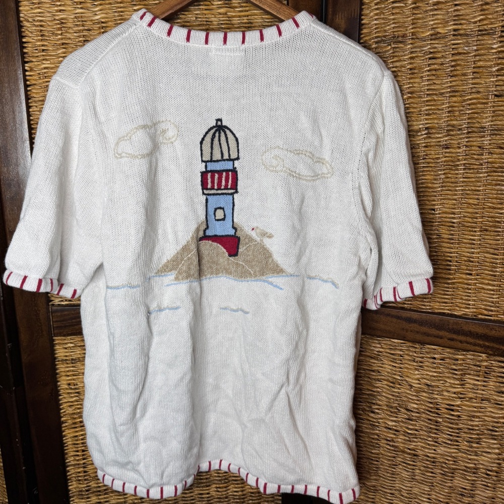 CJ Banks Vintage Nautical Lighthouse Hand Embroidered Short Sleeve Sweater 1X